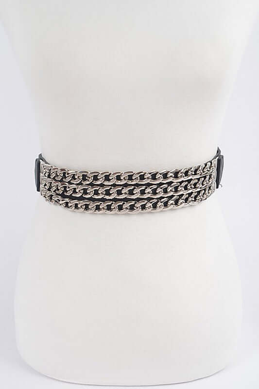 Black Elastic and Faux Leather Belt with triple chains - Image 5