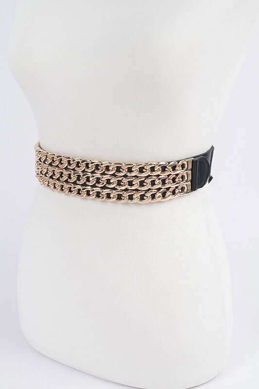 Black Elastic and Faux Leather Belt with triple chains - Image 7