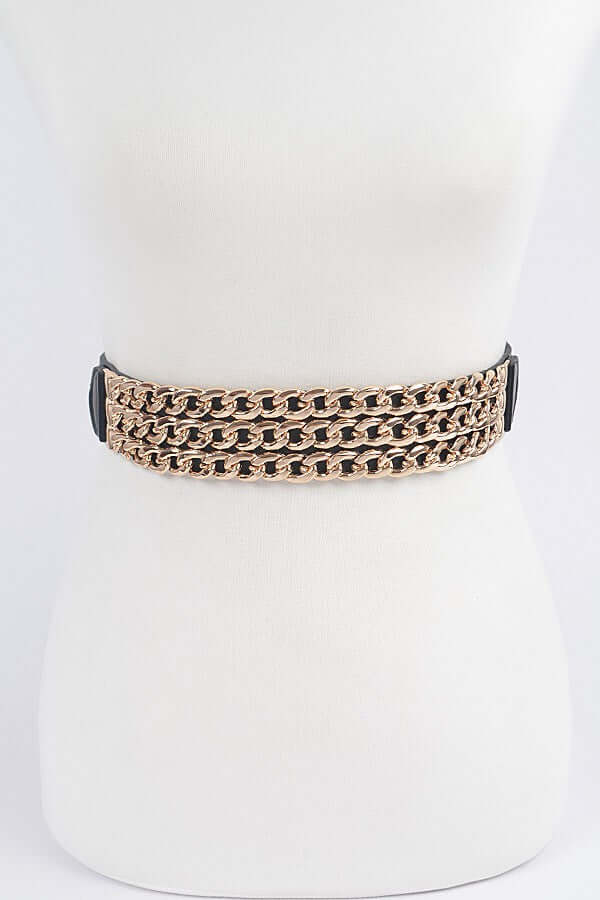 Black Elastic and Faux Leather Belt with triple chains - Image 8