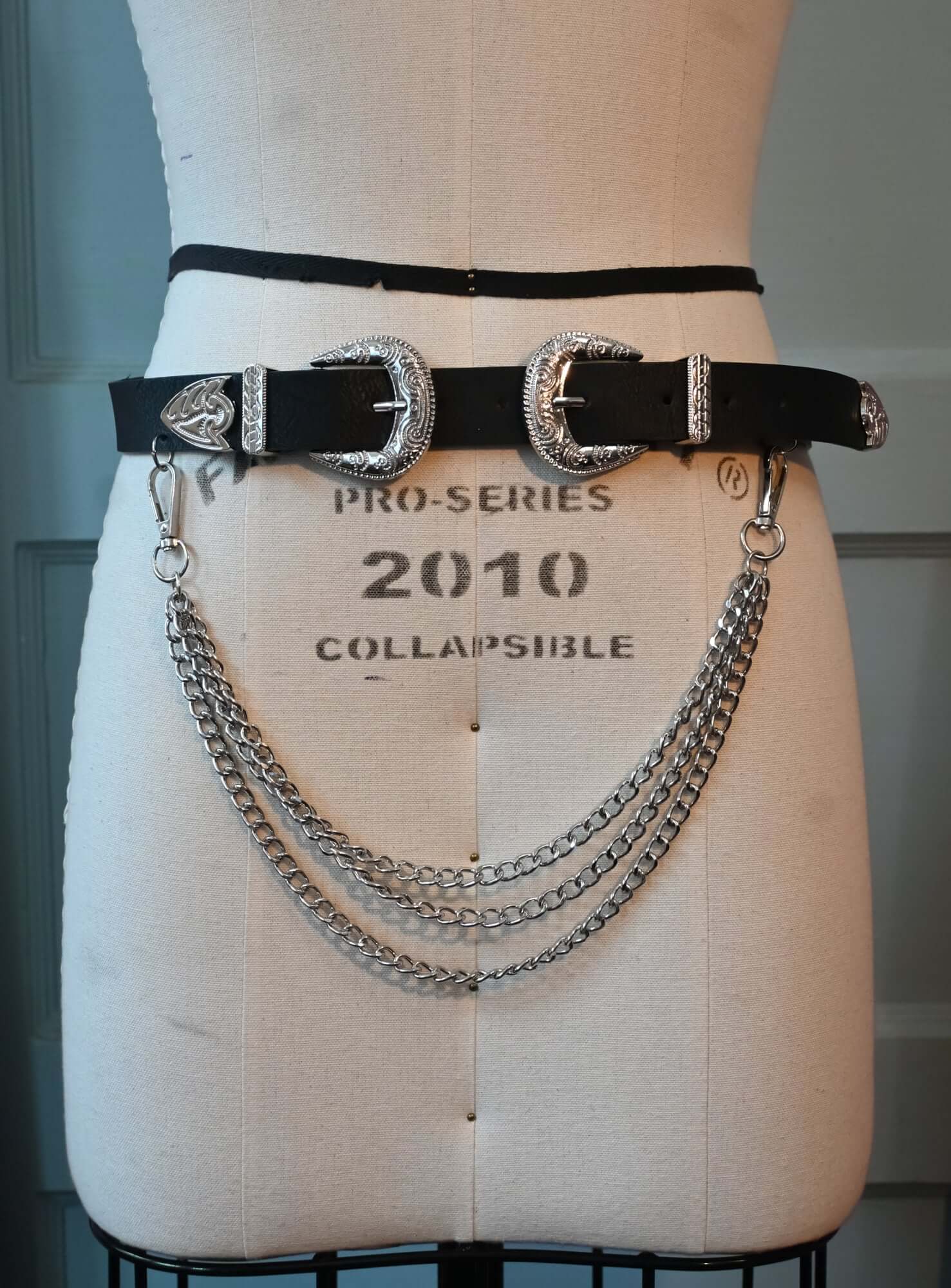 Black Western-style faux leather belt with Silver layered chains