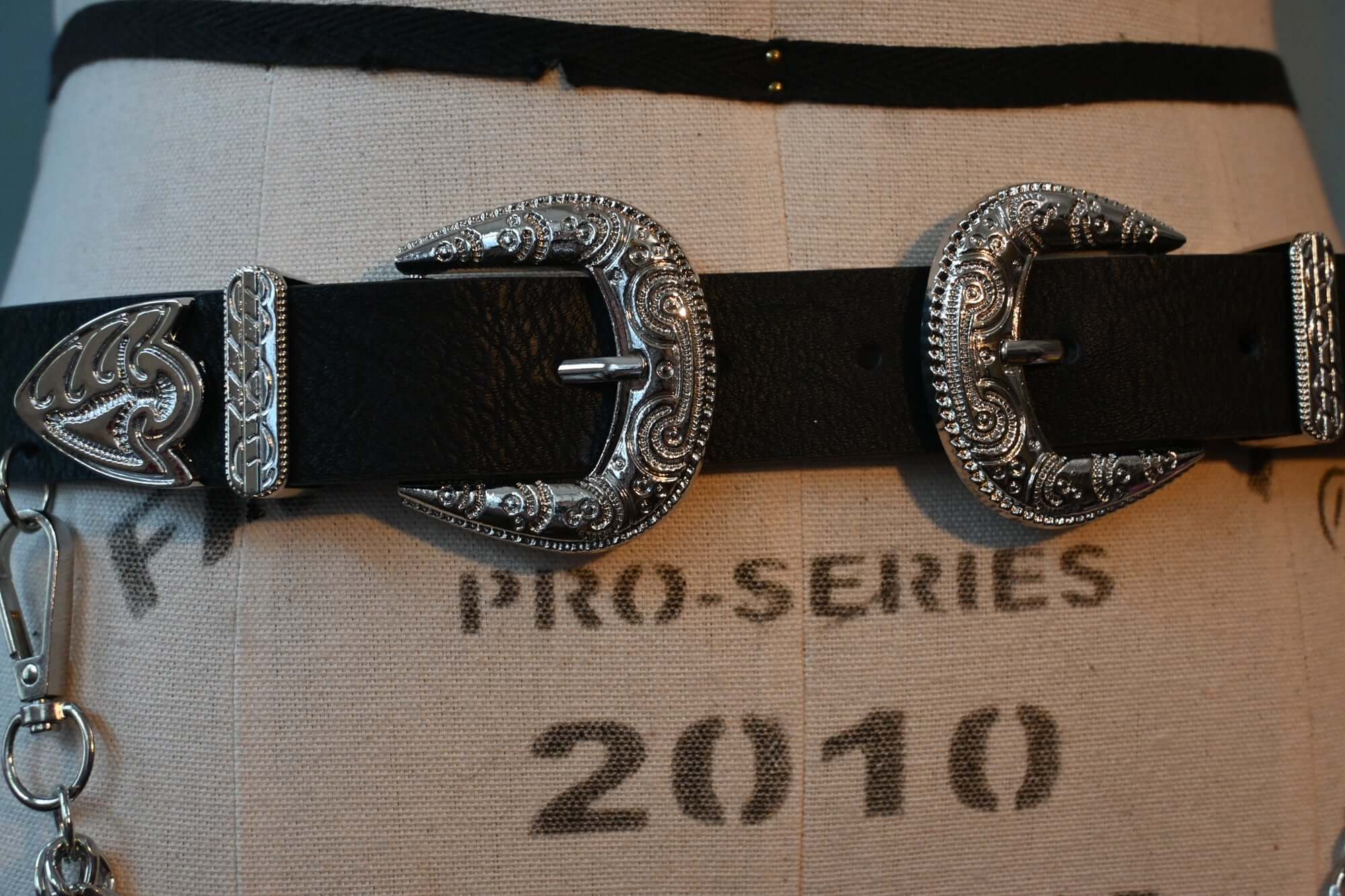 Black Western-style faux leather belt with Silver layered chains - Image 2