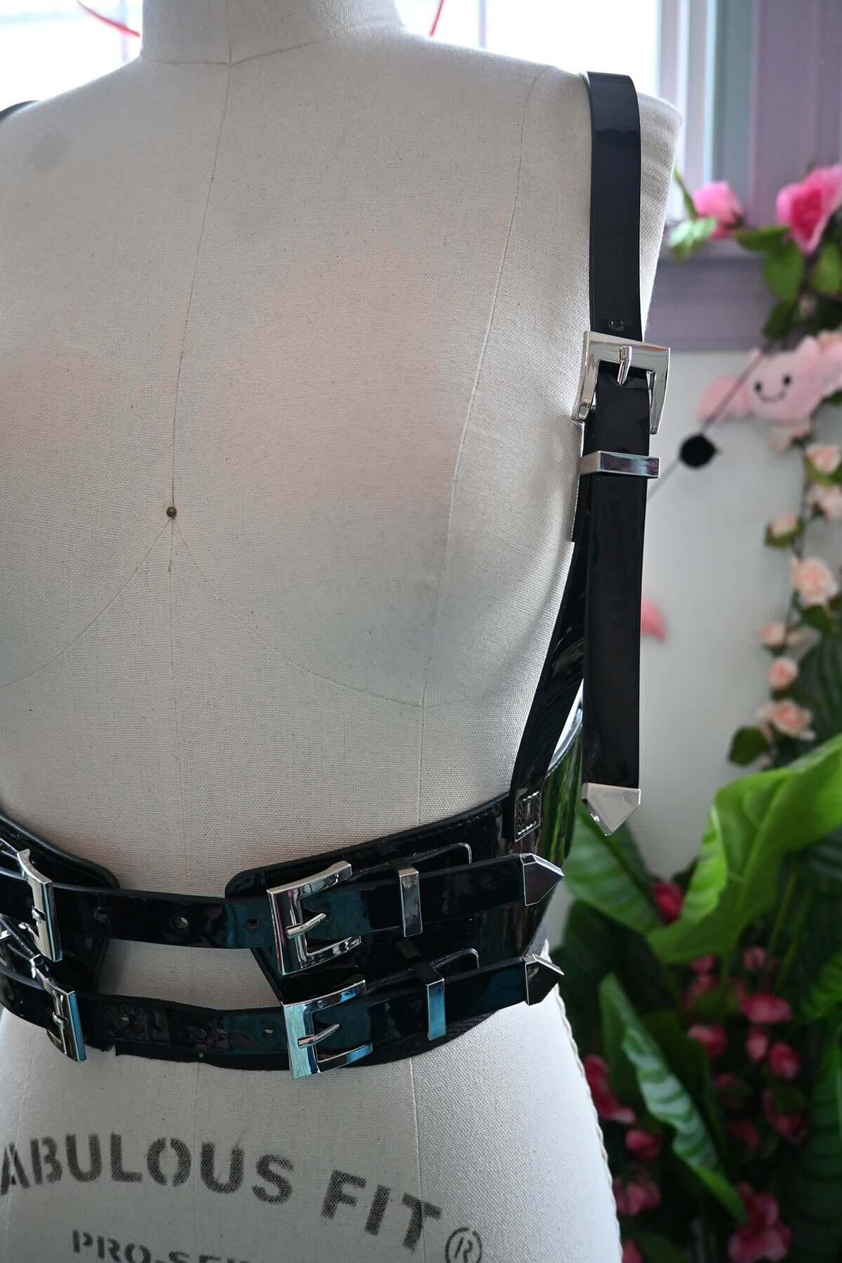 Glossy Faux Leather Harness with Metallic Buckle Details - Image 8