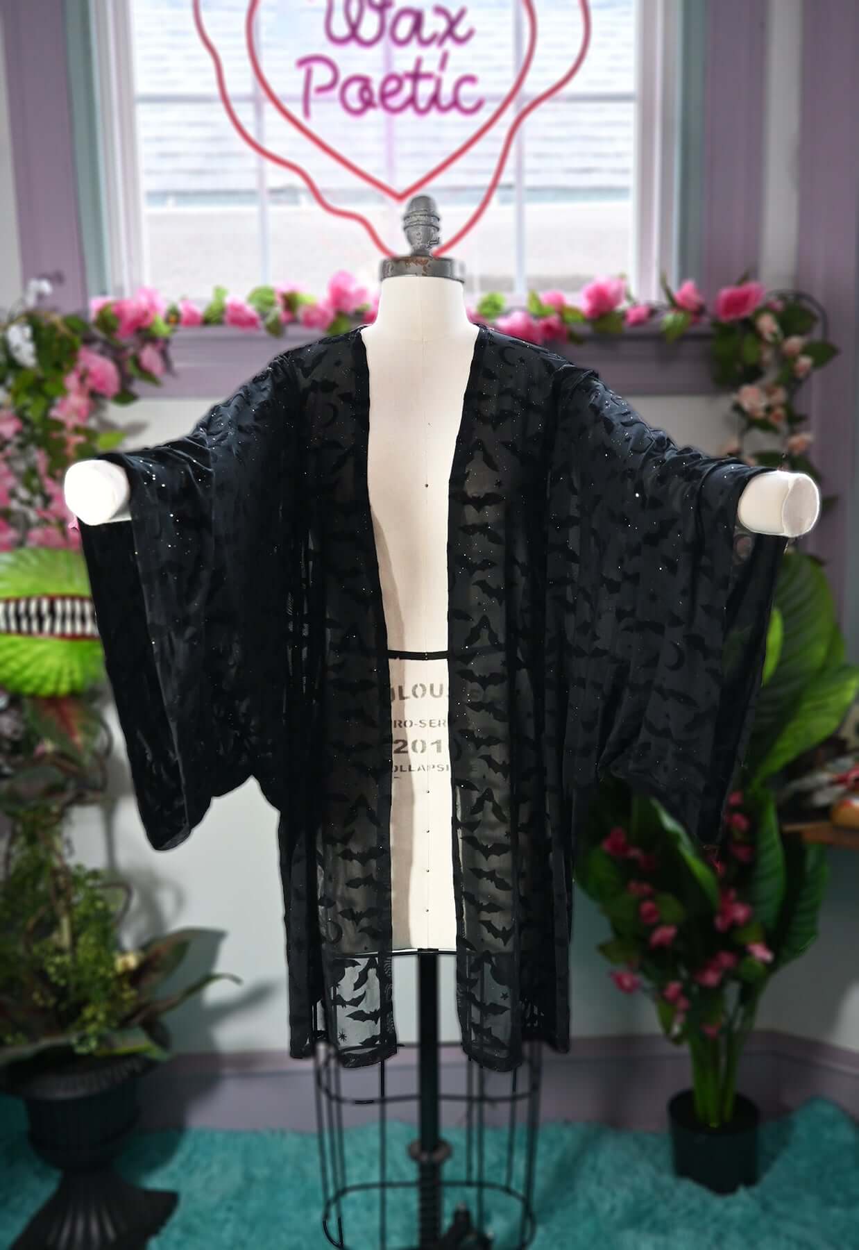*PRE ORDER* Black Queen of Halloween Flocked Sparkle Mesh Kimono - Image 3