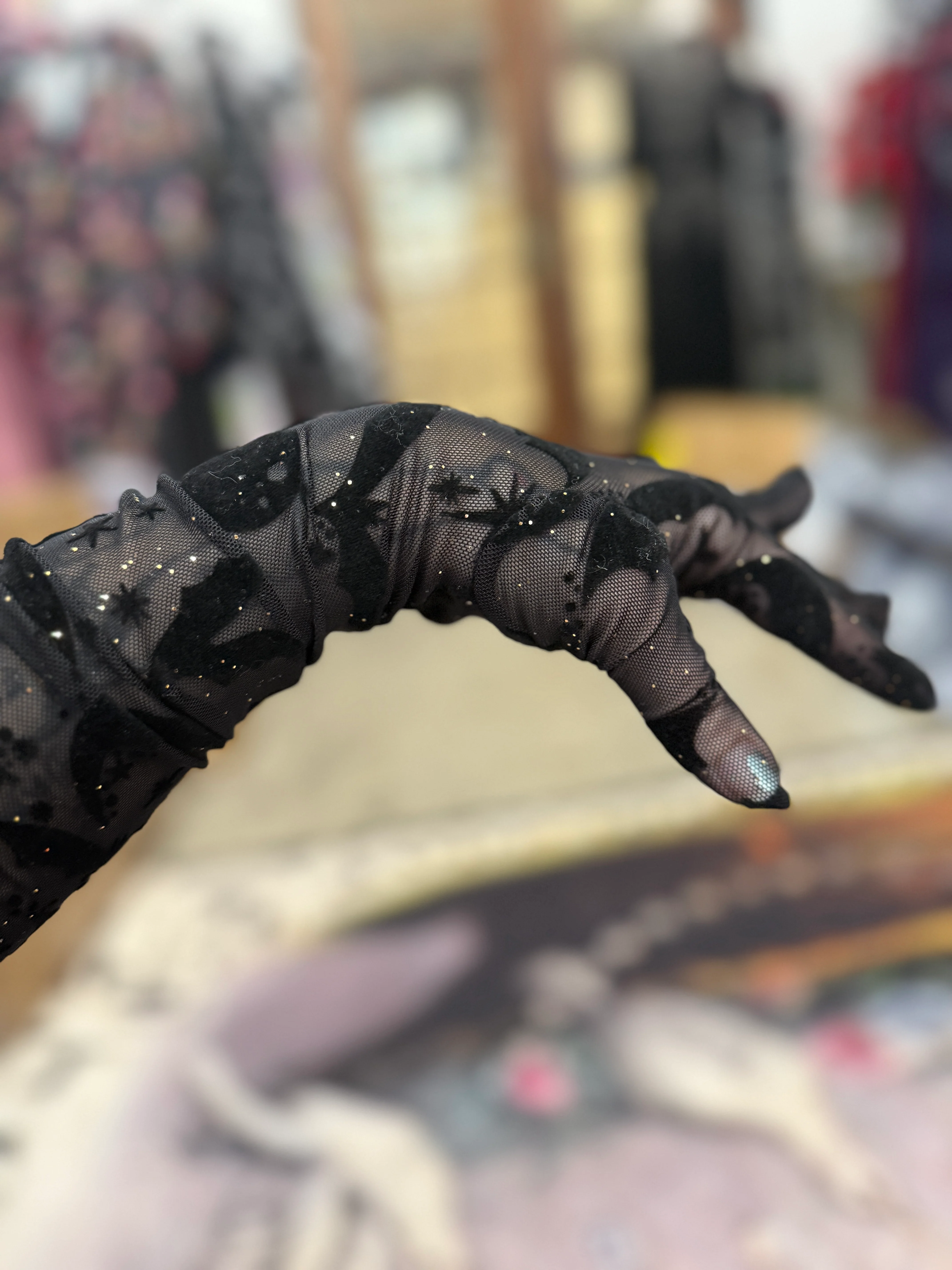 Queen of Halloween Flocked Mesh Gloves - Image 2
