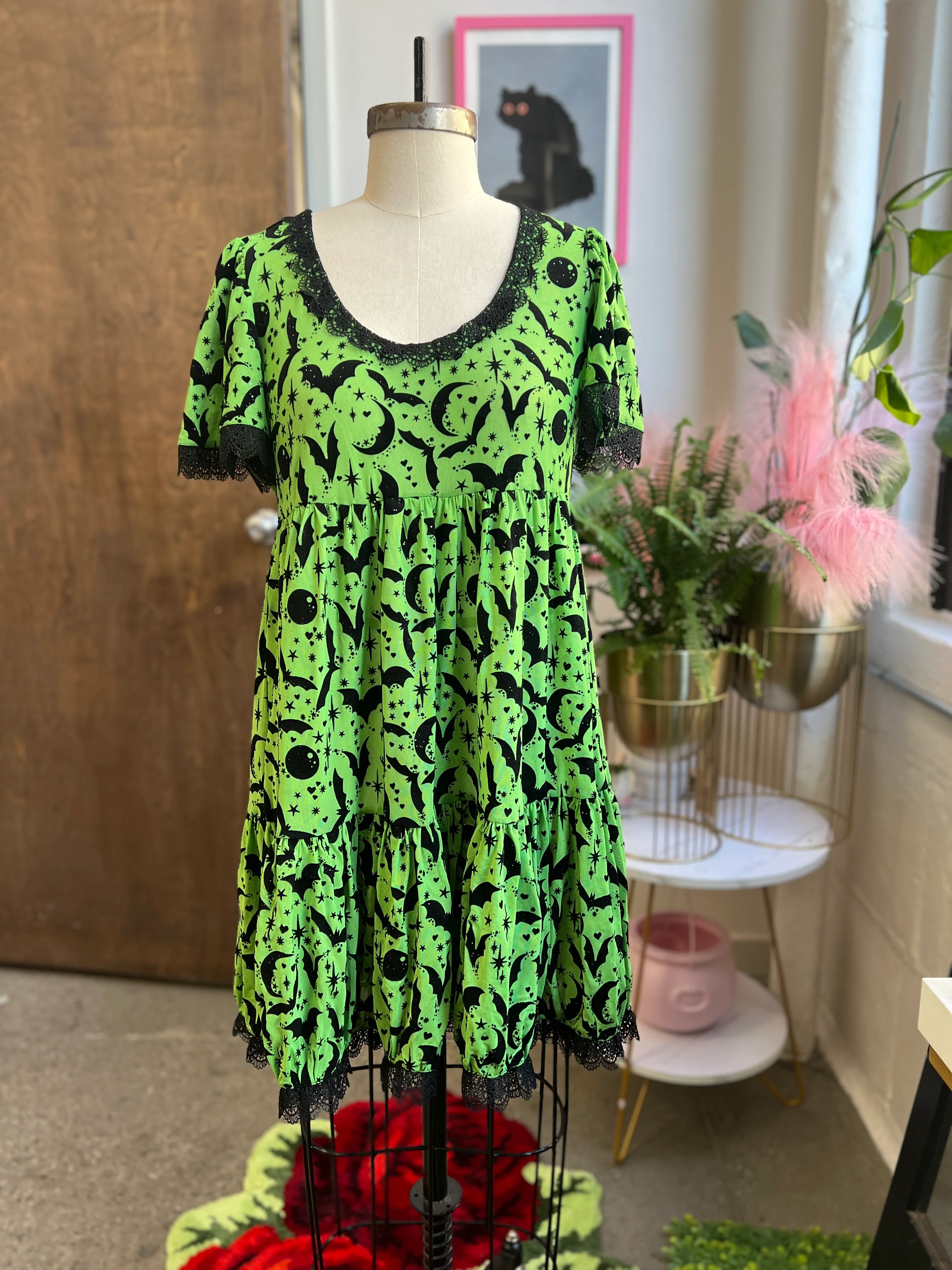 Raven Dress in Neon Green Queen of Halloween Flocked Sparkle Mesh - Image 3